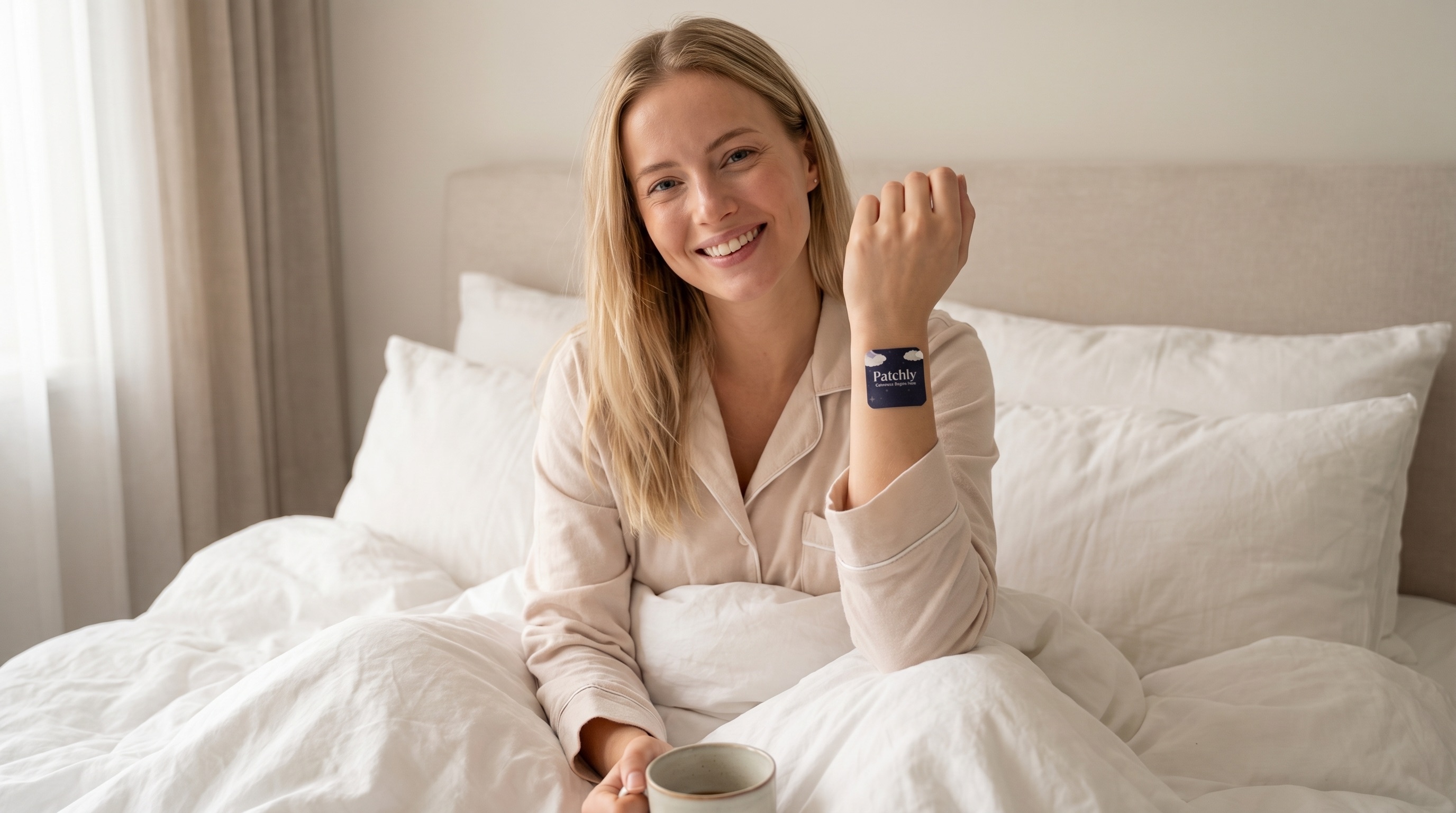 Kvinde i seng med Patchly søvnplaster på håndled